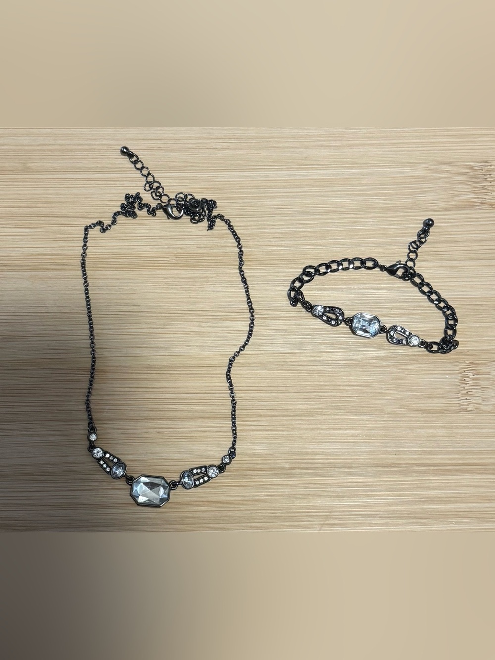 Crystal Accent Gunmetal Necklace and Bracelet Set